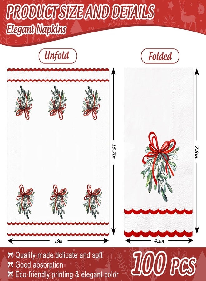 Whaline 100 Pcs Christmas Guest Napkins Mistletoe Holly Scalloped Disposable Napkins Watercolor Dinner Hand Paper Napkin for Bathroom Xmas Winter Holiday Party Table Supplies - Image 2